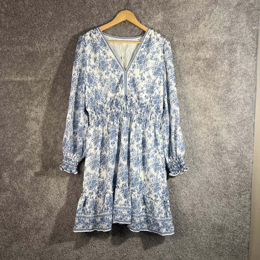 Max Studio Womens XL Blue Floral V Neck Long Sleeve Lined Boho Dress NWT